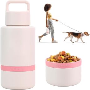 Insulated Portable Dog Water Bottle with Large Bowl, Dog Travel Water Bottle Dispenser, Dog Accessories for Car, Hiking, Camping, Outdoor, Leak-Proof, Detachable (Pale Pink)
