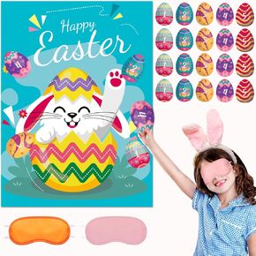 Easter Games for Kids, Pin The Tail on The Bunny, with Posters, Reusable Stickers, and Eye mask Accessories, Sticker Game, Party Activities Supplies for Kids Classroom Family, Easter Decorations