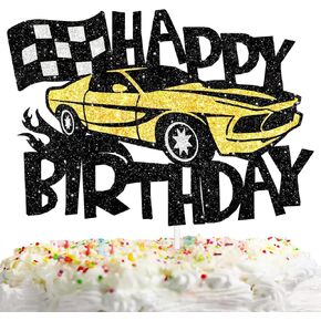 Sport Car Cake Topper Happy Birthday Racing Cars Theme Black Gold Glitter Decor Picks for Kids Birthday Checkered Flag Party Decorations Supplies