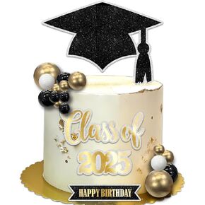 17 PCS Class of 2025 Cake Topper Black and Gold Pearl Calls Caps Caps Congrats Grad Cake Topper Cake Decorations for Treguation Party Birthday Supplies