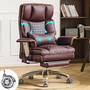 Ergonomic Executive Office Desk Chair with Adjustable Air Lumbar Support, Luxury Boss Chair with High-Back Leather Recliner, 3-Level Tilt Lock, 360° Swivel, Silent Wheels & Height Adjustment,Beige
