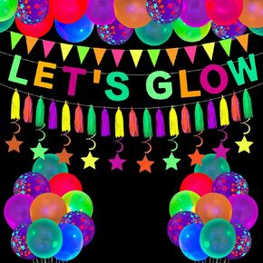 45 Pack Neon Party Supplies Glow Party Decorations-Let's Glow Banner ، Balloons Glow ، و Neon Paper Lape ، و Neon Triangle Flag Glow in the Dark Party Supplies Flow for Neon Birthday Party