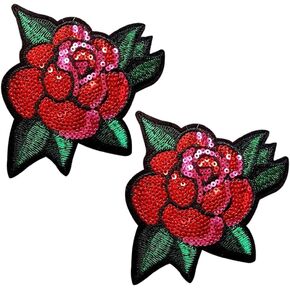 2Pcs Rose Patch Red Flower Sequin with Leaf Embroidered Applique Iron On/Sew On Patches for Clothing Jackets Hats Backpacks Jeans