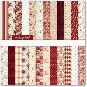 VIVIQUEN 24 Sheets Red Floral Double-Sided Paper, 12-inches Vintage Flowers Texture Scrapbook Specialty Craft Paper Folded Flat for DIY Background Card Art Craft Making Scrapbook Photo Album Decor