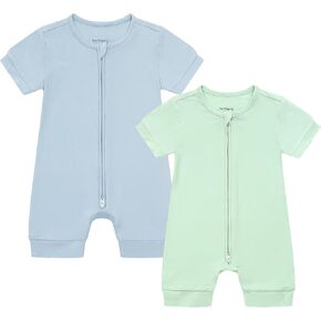 JunNeng Baby Boy Girl 2 Pack Rayon of Bamboo Summer Sleeper Infant Soft Short Sleeve Zipper Footless One-piece Romper