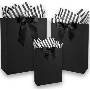 أوبط 12 PCS أكياس الهدايا السوداء مع ورق الأنسجة وقوس لاصق ذاتي الشريط ، أحجام في 8.5 "، 11" و 12.5 "، حقيبة هدايا سوداء للعطلات ، أعياد الميلاد ، الزفاف ، التخرج (12 ٪ أسود)
