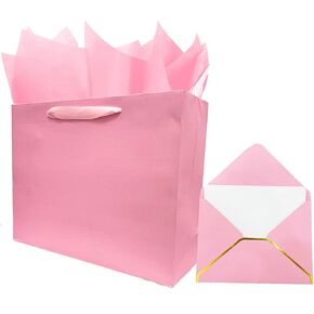jabberwpacking 13 "حقيبة هدايا كبيرة وردية متميزة مع ورق وبطاقة منسجة (حقيبة هدايا ورق حريرية) للنساء فتاة عيد ميلاد استحمام الطفل