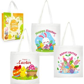 Parsup 3 Pack Easter Bunny Basket Facs for Kids Canvas Bags with 1pc base easter non-nonged for egge hunt carner with with handle ، bunny chick egg pattern canvas tote tote