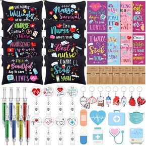Talltalk 56 PCS ممرضة هدايا للنساء بما في ذلك أقلام المحقنة ، وبكريات شارة القابلة للسحب ، والملاحظات اللاصقة ، والكتور الصغير ، وسلسلة المفاتيح ، وبطاقات السوار ، وحقيبة ماكياج للممرضات الأسبوع.