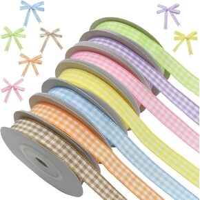 7 Rolls 70 Yards Gingham Ribbon Checkered Ribbon, (3/8") Thin Polyester Fabric Assorted Plaid Ribbons (7 Colors), for Gift Wrapping, Sewing, DIY Crafts Hair Bow Clip Favors, Christmas, Easter