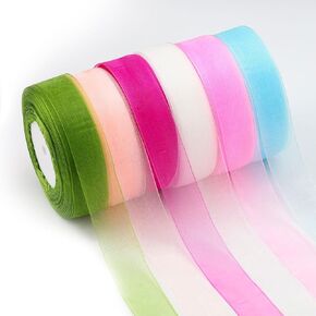 6 Rolls Sheer Chiffon Ribbon, 1 Inch x 50 Yards Organza Ribbon for Gift Wrapping, Flower Bouquet, Wedding, Crafts, Christmas, Party Decoration, Bright Colors