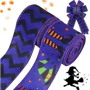 2Rolls 20 Yards Halloween Wired Edge Ribbon Purple Black Witch Hat Legs Striped Fabric Ribbon for Gift Wrapping Wreath Making Sewing Craft Supplies