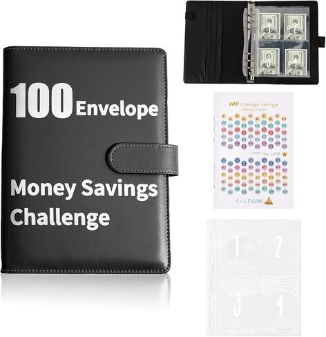 كتاب تحديات التوفير مع الأظرف ، وتوصيل الأموال الجلدية ، الموثق للزوجين ، لتخطيط الميزانية وتوفير ، وسيلة سهلة وممتعة لتوفير 5،050 ، للمكتب ، المنزل ، المدرسة (أسود) in Kuwait