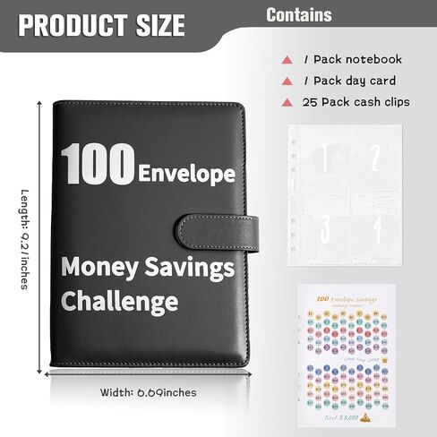 كتاب تحديات التوفير مع الأظرف ، وتوصيل الأموال الجلدية ، الموثق للزوجين ، لتخطيط الميزانية وتوفير ، وسيلة سهلة وممتعة لتوفير 5،050 ، للمكتب ، المنزل ، المدرسة (أسود) in Kuwait