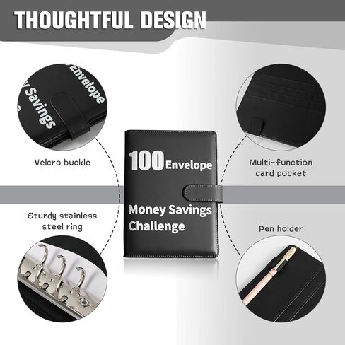 كتاب تحديات التوفير مع الأظرف ، وتوصيل الأموال الجلدية ، الموثق للزوجين ، لتخطيط الميزانية وتوفير ، وسيلة سهلة وممتعة لتوفير 5،050 ، للمكتب ، المنزل ، المدرسة (أسود) in Kuwait