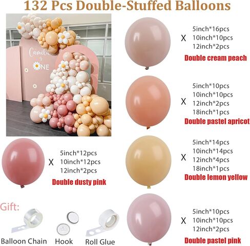 Daisy Balloon Garland Arch Kit - DIY 132Pcs Double Stuffed Decorating Strip Kit for Cream Peach Pastel Yellow Dusty Pink Balloons Set for Wedding Birthday Baby Shower Party Decoration in Saudi Arabia