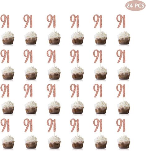 Rose Gold 91 Birthday Cupcake Topper ، 24 Pack Number 91 Glitter Happy Birthday Party Party Cupcake Toppers ، Decorations in Saudi Arabia
