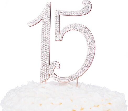 Ella Celebration 15 Cake Topper Rhinestone Rose Gold 15th Birthday Quinceañera Number Decoration (Rose Gold) in Saudi Arabia