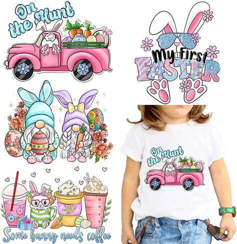 ‌Easter Party Iron-on Patches for Clothing - 4PCS Festive Easter Bunny Iron-on Transfer Sticker Waterproof Colorful Egg Rabbit Flower Design Heat Transfer Vinyl Appliques for T-Shirt Dress DIY Decor in Saudi Arabia