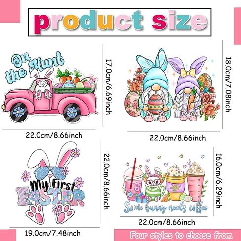 ‌Easter Party Iron-on Patches for Clothing - 4PCS Festive Easter Bunny Iron-on Transfer Sticker Waterproof Colorful Egg Rabbit Flower Design Heat Transfer Vinyl Appliques for T-Shirt Dress DIY Decor in Saudi Arabia