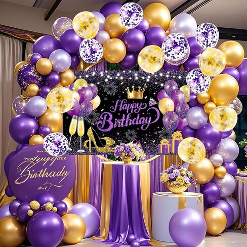 YinQin 63 PCS Purple Gold Happy Birthday Party Balloons Set with Birthday Photo Backgrounds Backdrops Banner Cloth Purple Golden Happy Bday Party Supplies Decorations for Girl Women in Saudi Arabia