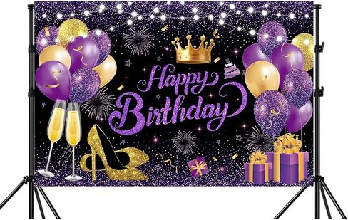YinQin 63 PCS Purple Gold Happy Birthday Party Balloons Set with Birthday Photo Backgrounds Backdrops Banner Cloth Purple Golden Happy Bday Party Supplies Decorations for Girl Women in Saudi Arabia