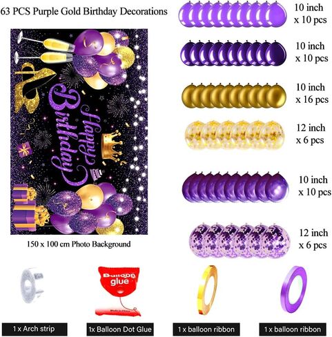 YinQin 63 PCS Purple Gold Happy Birthday Party Balloons Set with Birthday Photo Backgrounds Backdrops Banner Cloth Purple Golden Happy Bday Party Supplies Decorations for Girl Women in Saudi Arabia