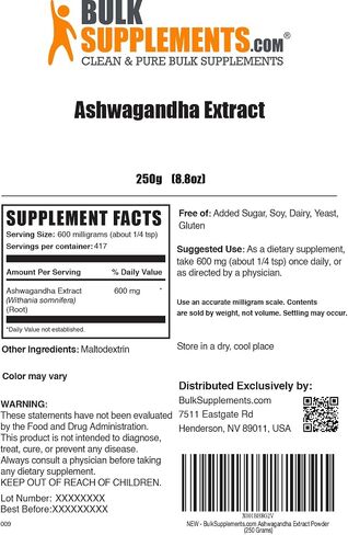 BULKSUPPLEMENTS.COM مسحوق مستخلص جذور أشواغاندا - مكمل أشواغاندا، مسحوق أشواغاندا - مستخلص أشواغاندا، مسحوق جذور أشواغاندا - نباتي، 600 مجم لكل وجبة، 100 جرام (3.5 أونصة) in Kuwait