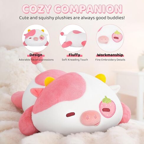 Mewaii Cute Strawberry Cow Plush Pillow, Kawaii Plushies Strawberry Cow Stuffed Toys, Squishy Plushies, Cuddle Body Pillow for Kids & Girls in Kuwait