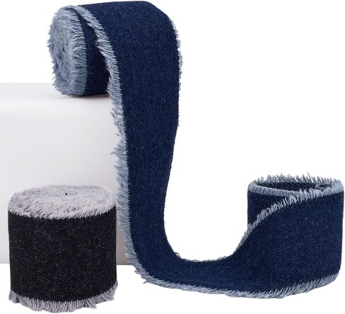 2 Colors 1 3/4 Inch Denim Blue Wired Ribbon Black Frayed Raw Edge Fabric Ribbon Trim Handmade Rustic Fringe Ribbons Bulk for Sewing Making Craft Gift Wrapping Birthday Diy Accessories Supply in Saudi Arabia