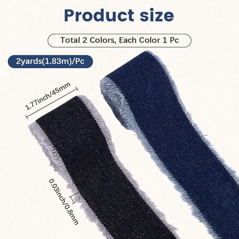 2 Colors 1 3/4 Inch Denim Blue Wired Ribbon Black Frayed Raw Edge Fabric Ribbon Trim Handmade Rustic Fringe Ribbons Bulk for Sewing Making Craft Gift Wrapping Birthday Diy Accessories Supply in Saudi Arabia