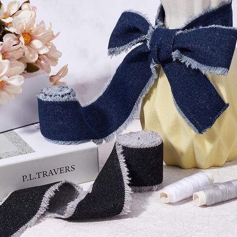 2 Colors 1 3/4 Inch Denim Blue Wired Ribbon Black Frayed Raw Edge Fabric Ribbon Trim Handmade Rustic Fringe Ribbons Bulk for Sewing Making Craft Gift Wrapping Birthday Diy Accessories Supply in Saudi Arabia