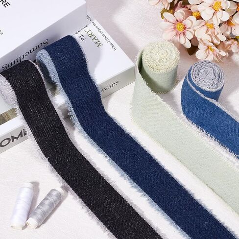 2 Colors 1 3/4 Inch Denim Blue Wired Ribbon Black Frayed Raw Edge Fabric Ribbon Trim Handmade Rustic Fringe Ribbons Bulk for Sewing Making Craft Gift Wrapping Birthday Diy Accessories Supply in Saudi Arabia