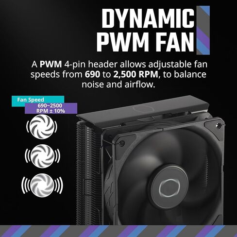 مبرد هواء وحدة المعالجة المركزية Cooler Master Hyper 212 أسود، مروحة SickleFlow 120 Edge، غطاء علوي من الألومنيوم، 4 أنابيب حرارية نحاسية، CryoFuze، طول 152 مم، أقواس AMD Ryzen AM5/AM4، Intel LGA1700/1200 (RR-S4KK-25SN-R1) in Kuwait