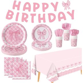 177 PCS PINK BOIN BOY BIRDY Party Supplies ، Coquette تحت عنوان ، تشمل زينة عيد ميلاد Coquette Plaid Bow Cups Cups TableCloth ، Banner for Bachelorette Party ، Girls Party