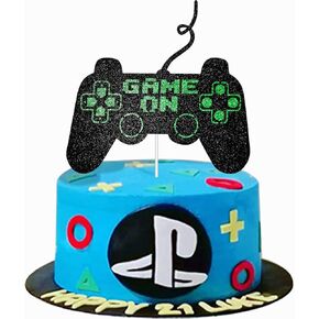 لعبة على Big Cake Topper - Black and Green Giltter Game Game Controller Decorations Cake Decoration