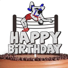 White Glitter Cake Topper Pick for Let’s Wrestling Theme Decor Supplies Boys Men Wrestler Happy Birthday Party Decorations