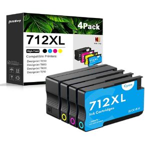 712XL 712 Ink Cartridges High Yield Compatible 712XL Ink Cartridges Replacement for HP DesignJet T230 T650 T630 T210 Printer (4-Pack, 80-ml Black, 29-ml Cyan/Magenta/Yellow)