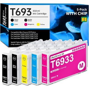 Remanufactured T693 T6931 T6932 T6933 T6934 T6935 Ultrachrome XD 350ml Ink Cartridge for T693 SureColor T5270 T3000 T3070 T3200 T3270 T5000 T5070 T5200 T7000 T7070 T7200 Printers, 5 Pack T693 Ink