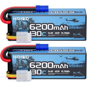 HOOVO 4S Lipo Battery, 14.8V 6200mAh 130C RC Car Battery Hard Case with EC5 Plug, Compatible with 1/8 and 1/10 Scale RC Vechile,Arrma Kraton 8S,RC Buggy Truggy Truck Crawler Monster Boat, 2 Pack