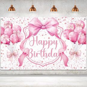 Pink Bow Happy Birthday Banner Backdrop for Coquette Birthday Decorations, Coquette Bachelorette Party Decorations, 6 x 3.6 Ft