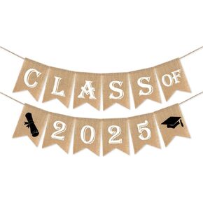 SWYOUN Burlap Class of 2025 Graduation Party Banner Decoration Classroom Grad 2025 Party Supplies(White)