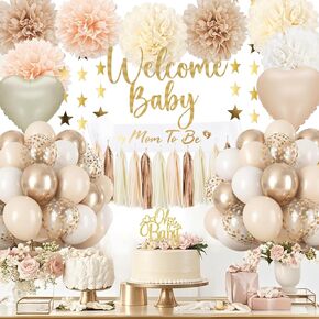 Boho Baby Shower Decorations-Beige Cream Neutral Balloons,Neutral Gender Reveal Party Supplies Welcome Baby Banner Paper Pom Poms Tassels,Cake Topper Star Decor for Boy Girl Baby Shower Decorations