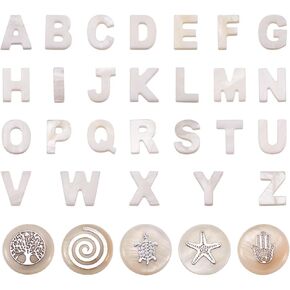 Fashewelry 36Pcs Natural Freshwater Shell Alphabet Letter A-Z Mother of Pearl Shell Top Drilled Charms with Patterned Flat Round Spacer Beads for Initial Jewelry Making DIY Crafts