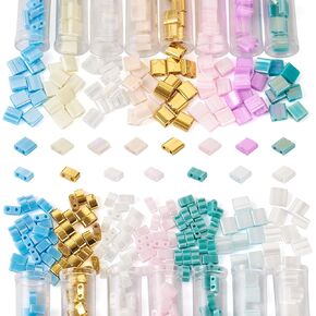 395pcs 5mm Tila Beads Beads Beads 1 Styles Golden Square Beads 2 Hole Tile Beads Rectangle Pastel Carrier Kit for Diy Crafts Bracelets Making Jewelry Supplies
