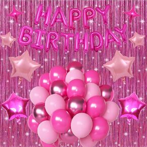 Birthday Decorations for Women Girls, Hot Pink Birthday Party Decorations, Hot Pink Birthday Party Supplies with Happy Birthday Banner, Star Balloons, Foil Fringe Curtain for Women Girls Birthday