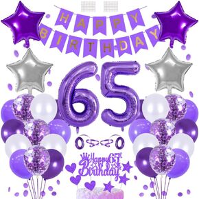 65 عيد ميلاد الديكور عيد ميلاد سعيد البالونات جارلاند كب كيك أعلى الأجزاء الأرجواني رقم 65 البالون الهيليوم ديكورات عيد ميلاد للنساء البالغ من العمر 65 عامًا