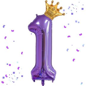 40 بوصة الأرجواني رقم 1 و Mini Crown Balloon لحفلة عيد الميلاد ، ديكورات حفلة عيد الميلاد الأولى ، والبالونات الحفلات الأرجواني.
