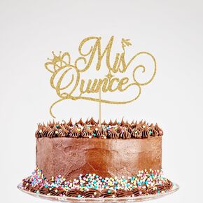 Glitter Mis Quince Cake Topper - Happy 15th Birthday Cake Toppers, Sweet 15 Feliz 15 Años Cake Pick Decor, 15 Years Birthday Party Decorations for Cake Gold