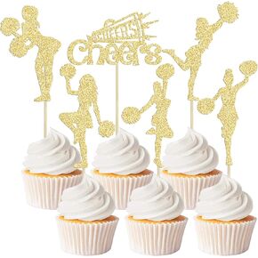 Ephlyn 24Pcs Cheerleader Cupcake Toppers Glitter Cheerleading Gymnastics Cupcake Food Picks Decorations for Cheerleader Theme Girls Birthday Party Supplies Gold